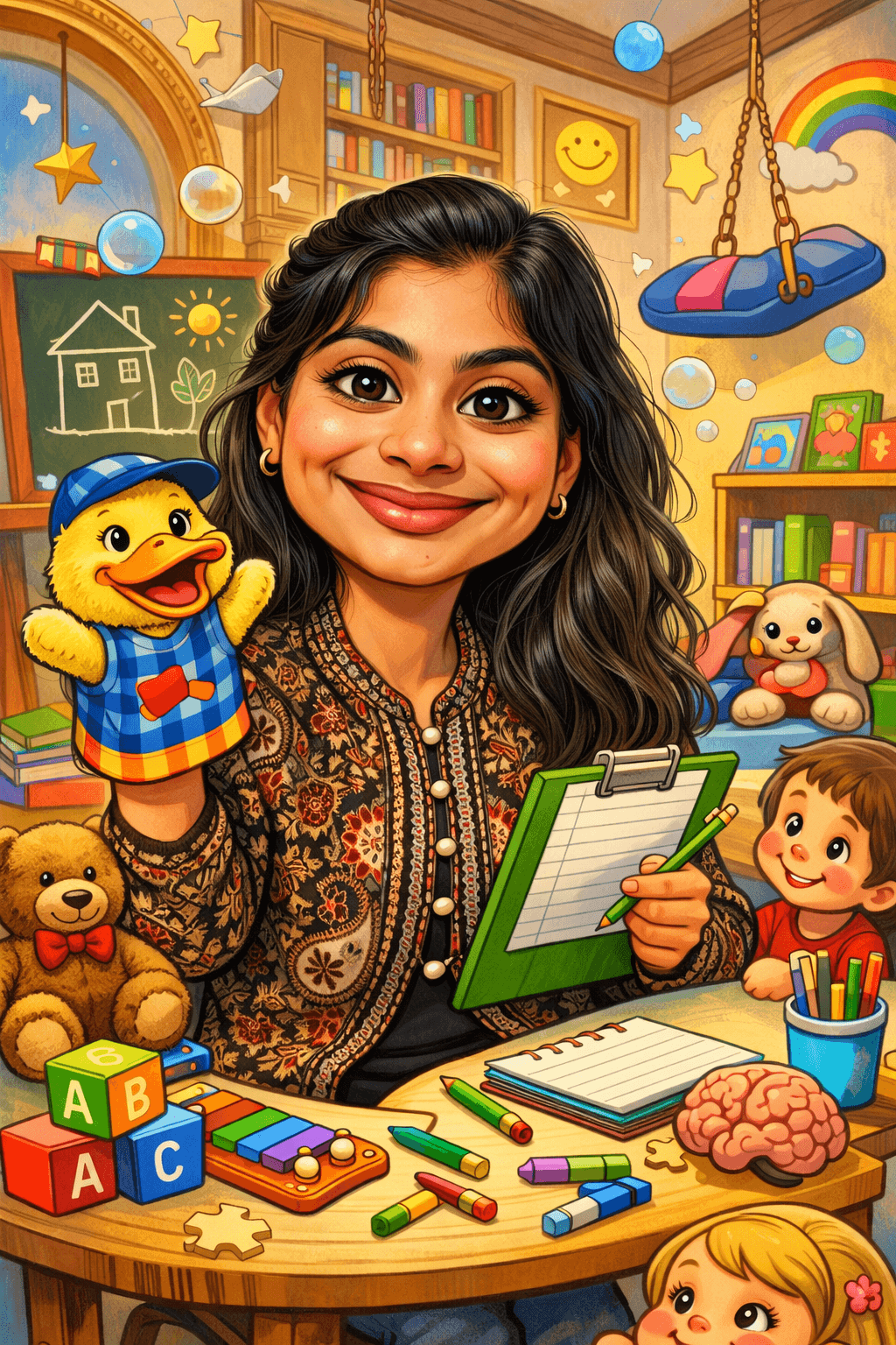 Illustrated caricature of Triman with a duck puppet, children, ABC blocks and a brain on the desk